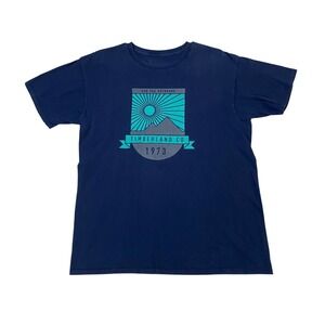 Timberland Co Mens Graphic T-Shirt Navy Blue Mountain Sunburst 1973 Large